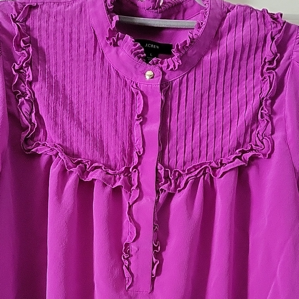 J. Crew Purple 100% Silk Ruffle Blouse Women's Large - Picture 5 of 12